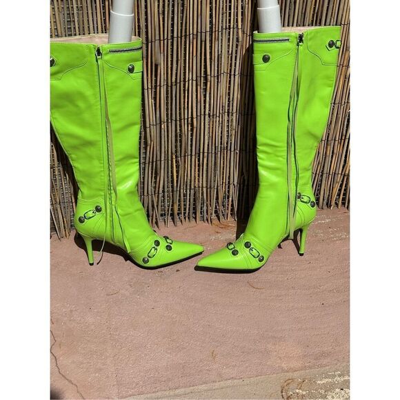 Women's Lime Green Stiletto High Heel Over Calf Boots with Tassel Pointy Toe Stu - Picture 6 of 9